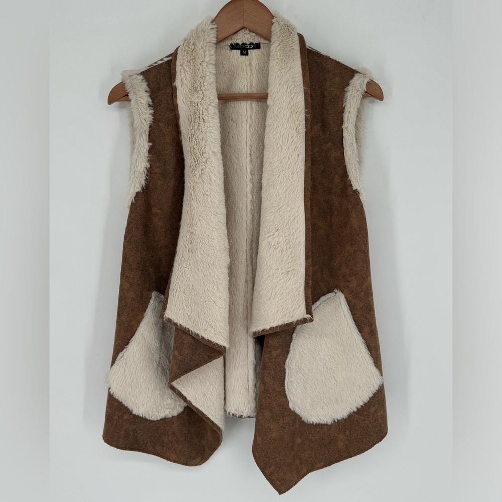 Papermoon Women’s Soft Sherpa Lined Vest Brown Open Front Size Medium S2